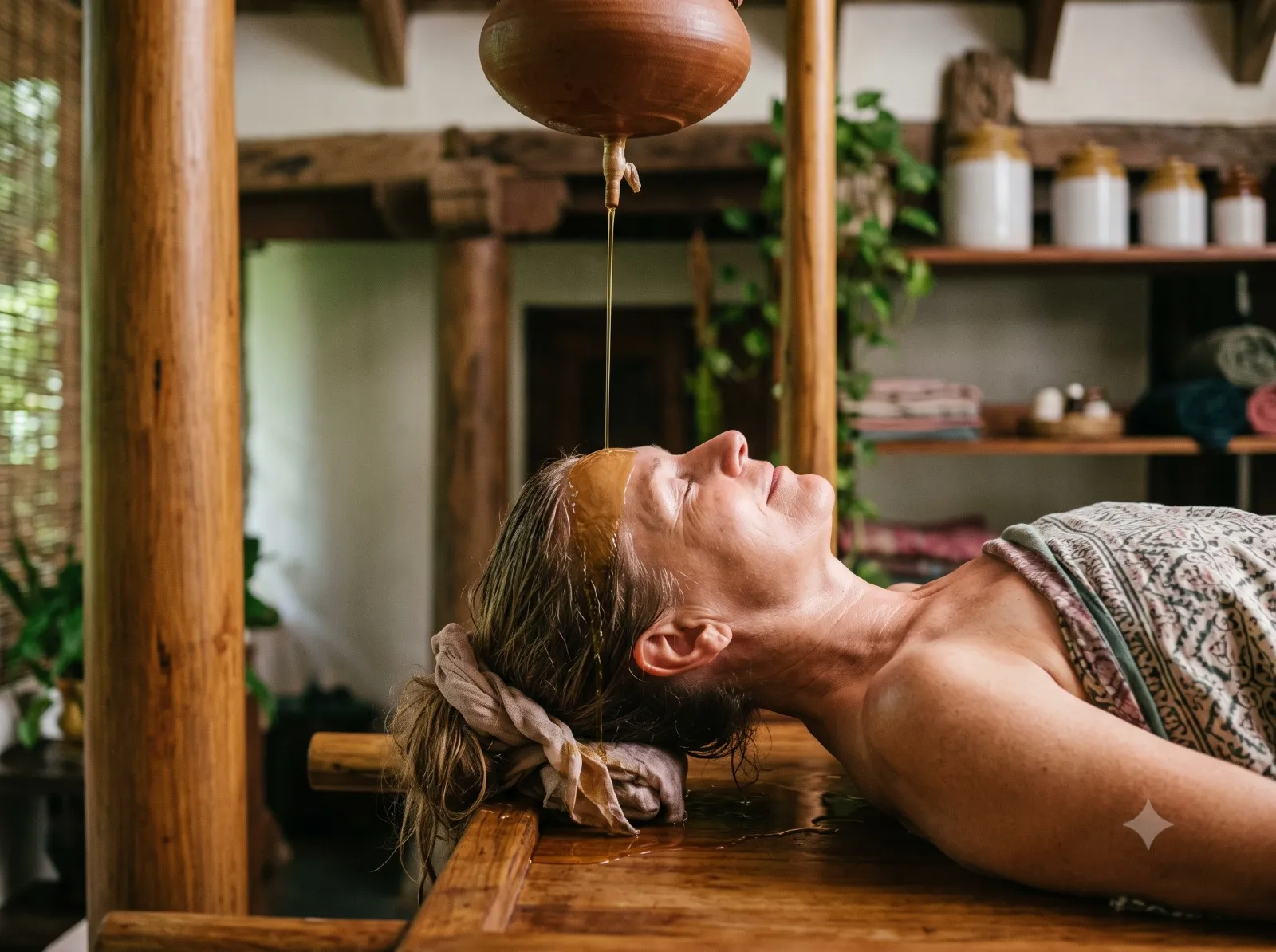 Elke H. during her Shirodhara session at MERU