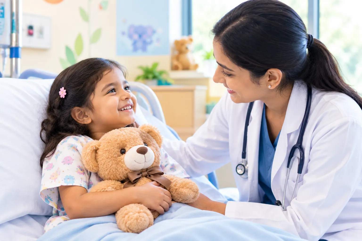Smiling child hugging a teddy bear